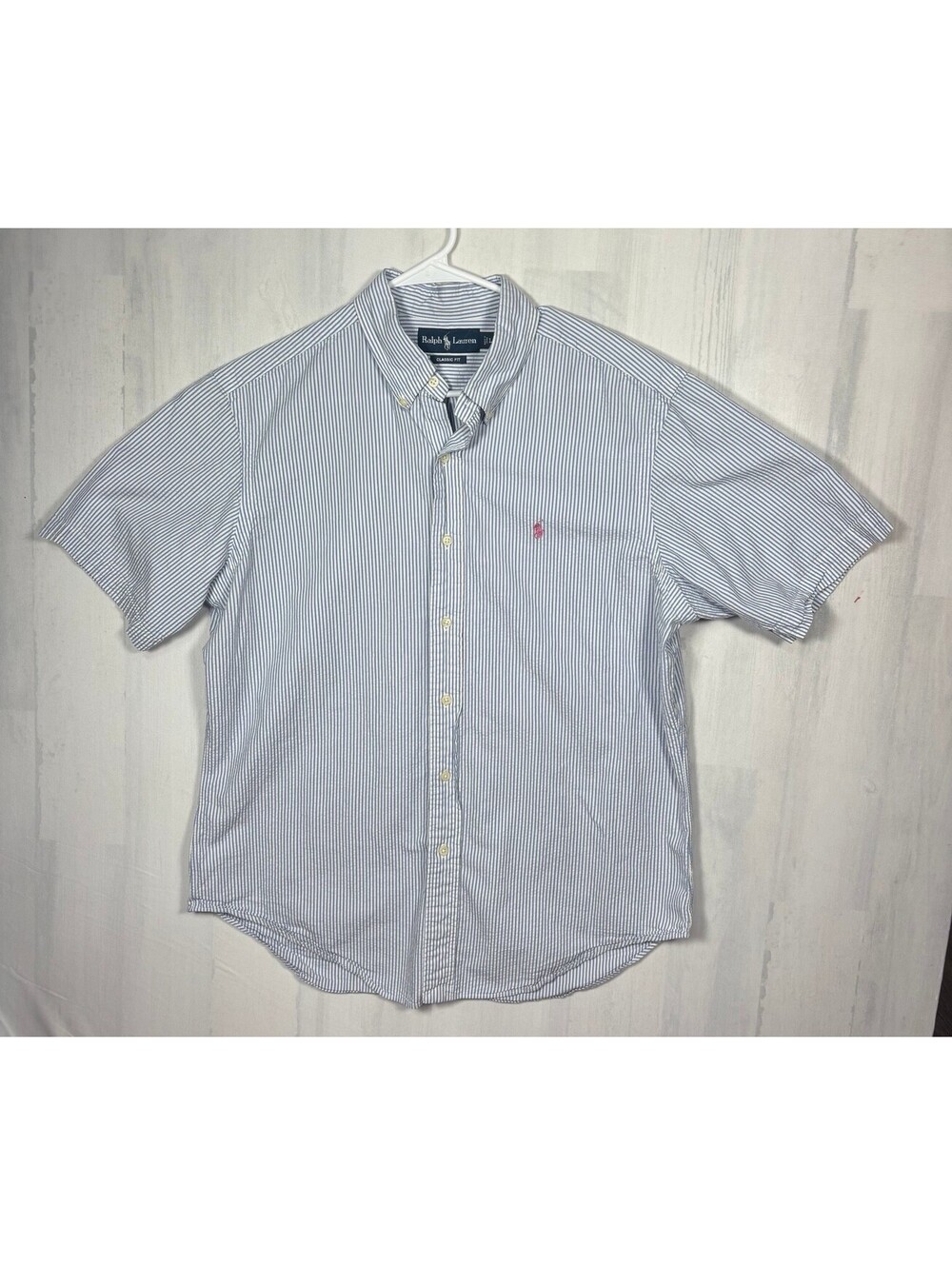 Ralph Lauren Shirt Mens L Classic Fit Blue White Stripe Short Sleeve Pony
